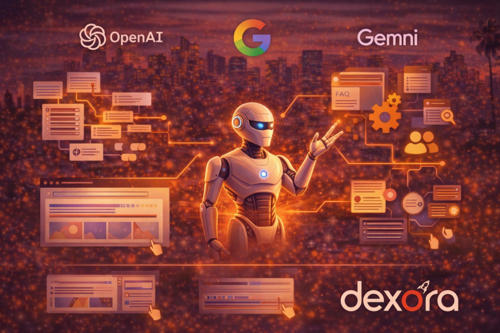 A futuristic humanoid robot, standing amidst a web of interconnected data and technological elements, symbolizes the impact of AI and LLMs (Large Language Models) on SEO and generative search in 2025.
