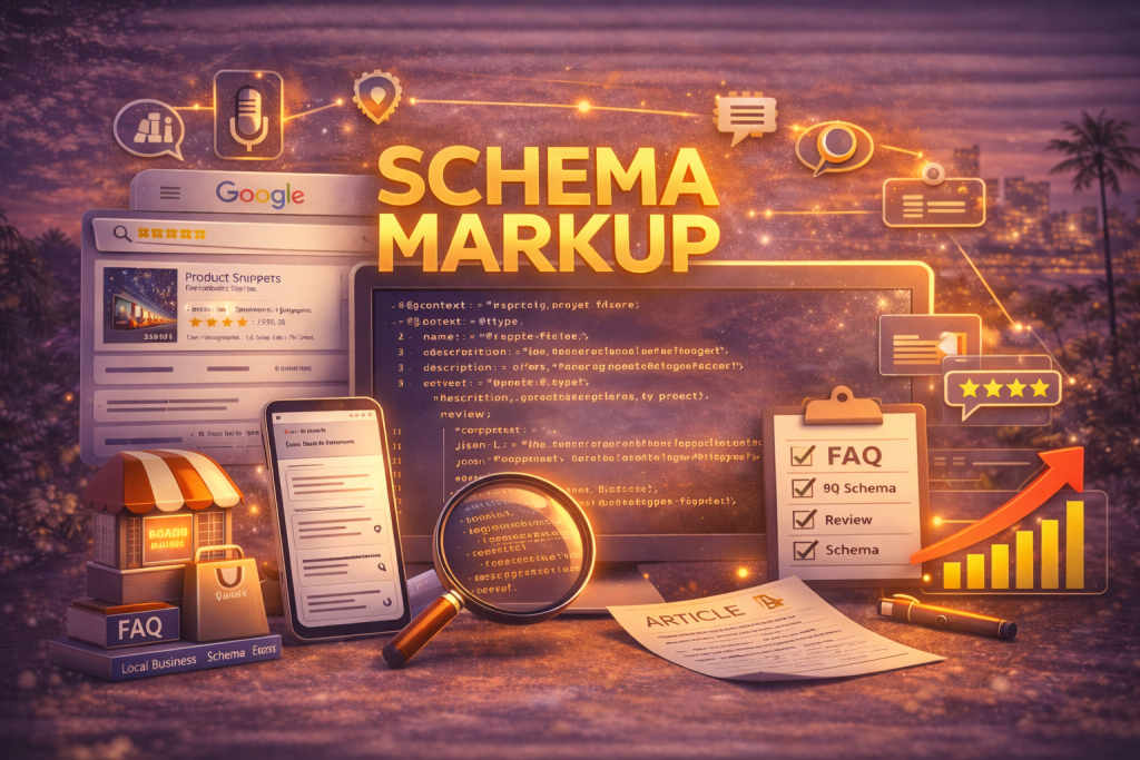 The image is a digital illustration showcasing the concept of Schema Markup in SEO. It features a vibrant twilight cityscape background with various SEO-related elements,