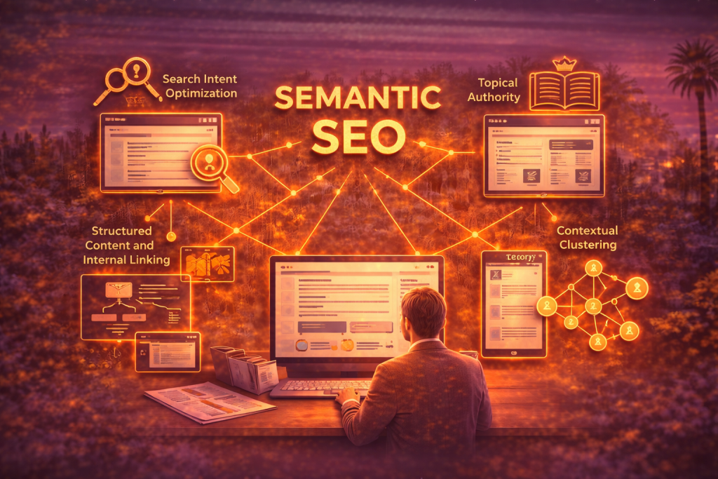 A digital illustration showing a person sitting at a desk in front of a computer, with various connected digital screens displaying key Semantic SEO concepts: "Search Intent Optimization," "Topical Authority," "Structured Content and Internal Linking," and "Contextual Clustering," all pointing to the central display labeled "SEMANTIC SEO." The background features a warm, twilight cityscape with orange and purple tones.