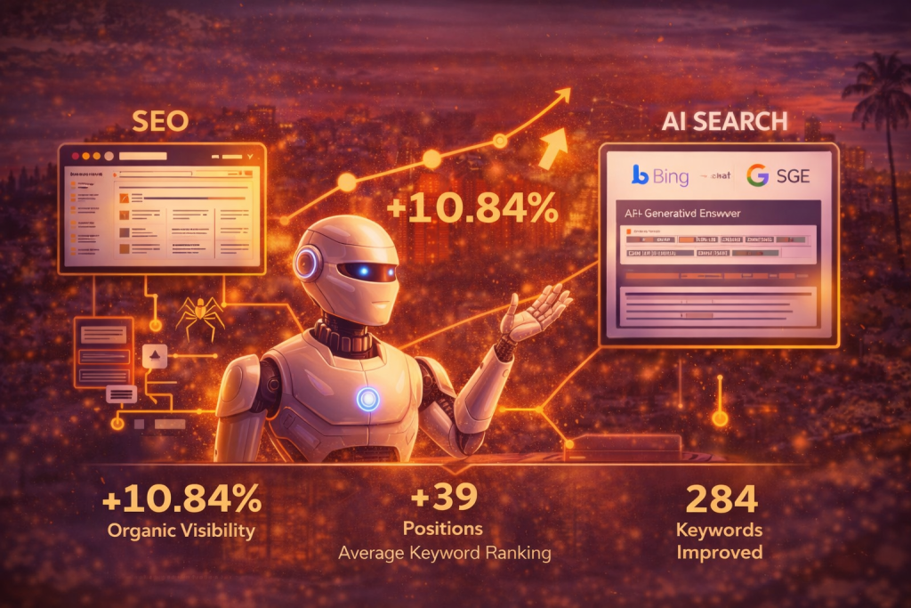 This illustration demonstrates the integration of traditional SEO with AI-driven search results, symbolizing the evolution of search and the impact of GEO. The background blends futuristic elements with city lights, reinforcing the advanced technological theme.