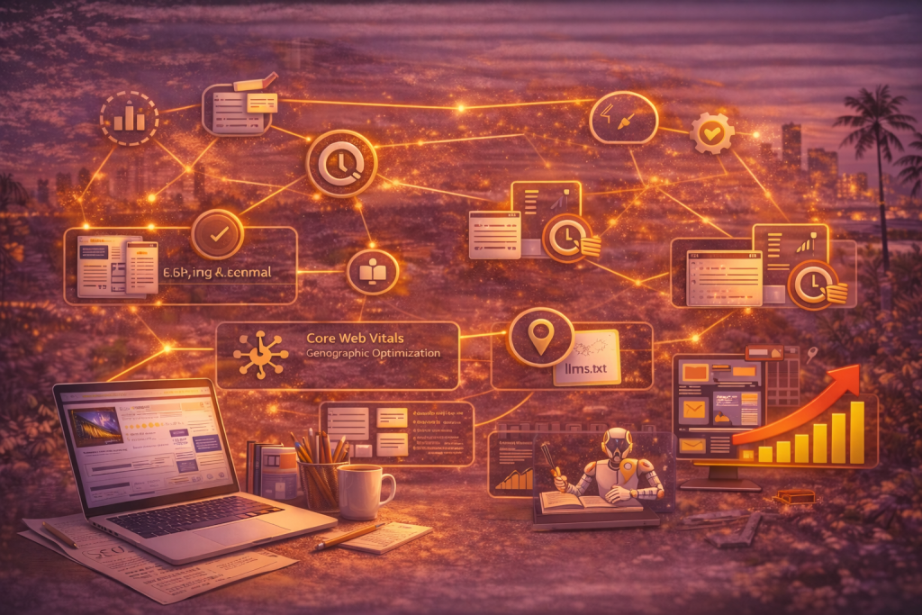 The image depicts a futuristic SEO workspace for 2025, featuring a laptop displaying website analytics and search metrics. The scene highlights key SEO elements such as Core Web Vitals, schema markup, structured