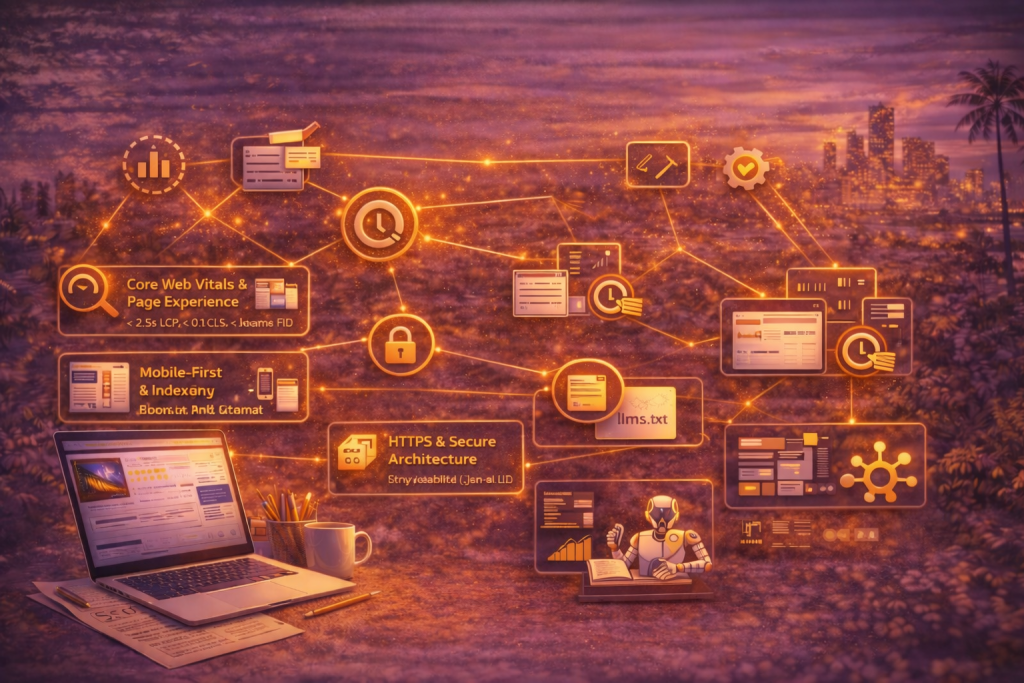 The image visually represents the concept of GEO, AEO, and SEO in the context of AI-driven search. It features an AI-powered humanoid robot interacting with a laptop, and the image showcases connections between various icons symbolizing Generative Engine Optimization (GEO), Answer Engine Optimization (AEO), and Search Engine Optimization (SEO)