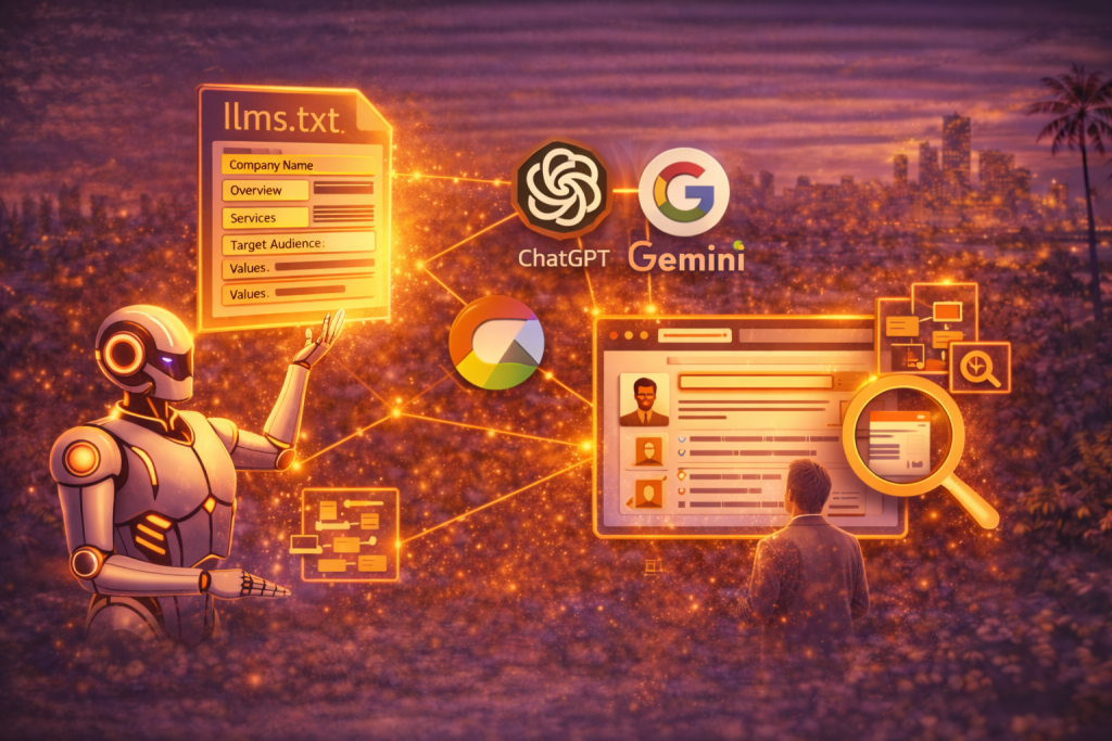 The image visually represents the concept of LLMs.txt and its role in AI discoverability. It features a humanoid robot interacting with an LLMs.txt file that contains structured business information like company name, services, and target audience. The file is connected to AI platforms like ChatGPT and Google Gemini, which are shown extracting and displaying the information. In the background, a cityscape and browser interface highlight how these AI systems process and generate answers, emphasizing the importance of LLMs.txt for improving visibility in AI-powered search environments.