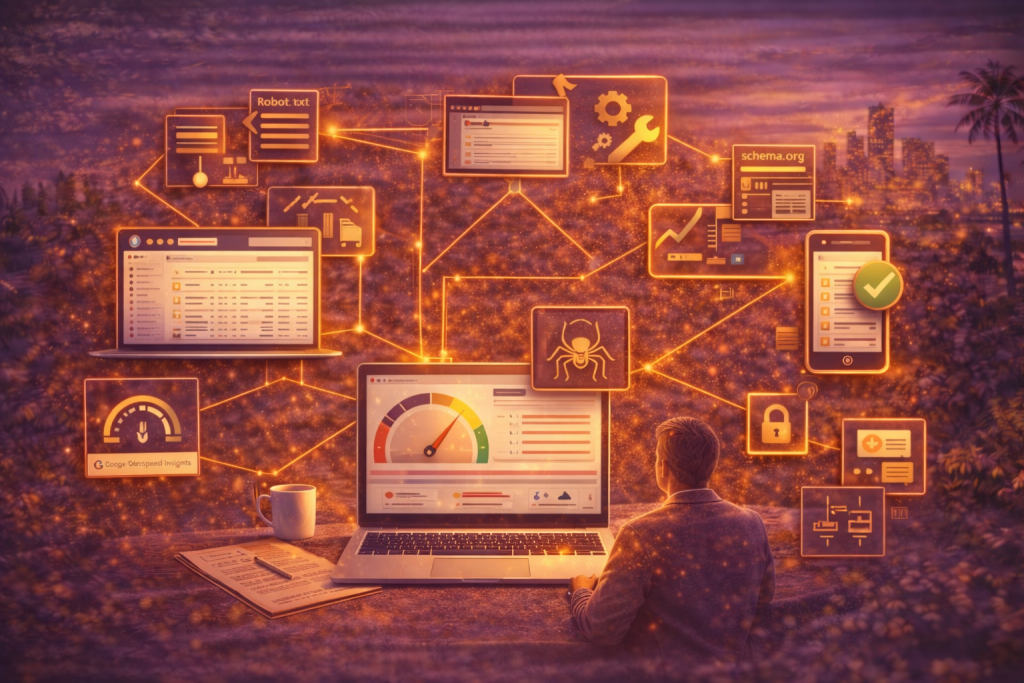 A digital illustration featuring a person working at a desk, with glowing symbols representing various technical SEO elements like Core Web Vitals, structured data, robots.txt, and schema.org. These elements are connected by lines to multiple screens displaying SEO insights and Google performance metrics.