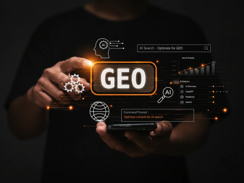GEO and AI search optimization interface with ChatGPT, Gemini, Perplexity, and Google AI visibility elements.