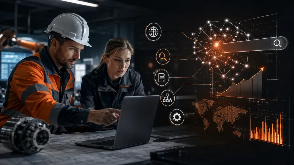 Engineers reviewing laptop data with AI search, SEO, and GEO visuals in a modern orange-and-black industrial setting.