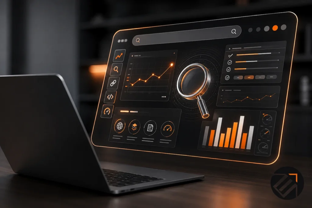 Technical SEO dashboard on a laptop with search analysis, crawl checks, performance graphs, code, links, and website optimization metrics in black and orange branding.