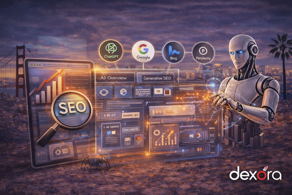 Illustration representing SEO intelligence in August 2025, showing AI-driven search trends, Google core updates, schema optimization, technical SEO signals, and generative search engines shaping modern SEO strategy.