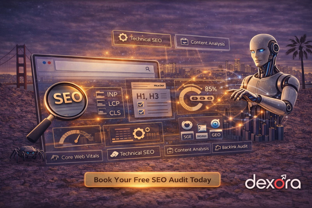 Futuristic illustration of an SEO audit process in 2025, showing technical SEO analysis, Core Web Vitals evaluation, structured data, content performance, and AI-driven search optimization within a modern digital city environment.