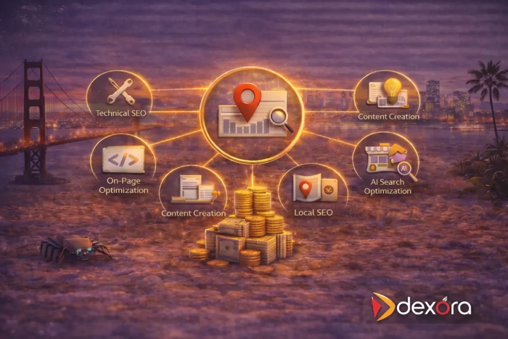 Professional digital illustration representing affordable SEO services for small businesses in 2025, showing website optimization, search visibility, analytics growth, and AI-driven digital marketing concepts in a modern business environment