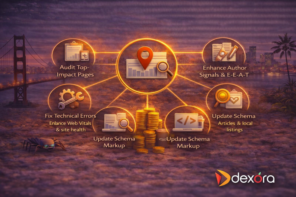 Illustration showing a strategic recovery framework after Google’s June 2025 Core Update, highlighting content audits, technical SEO fixes, schema updates, and authority signals in a professional digital landscape.