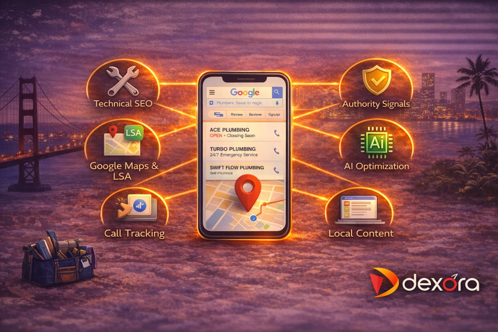 “Illustration showing local SEO strategy for plumbers, with a smartphone displaying Google Maps results at the center, connected to icons representing technical SEO, Google Maps visibility, call tracking, local content, authority signals, and AI optimization against a cityscape background.”