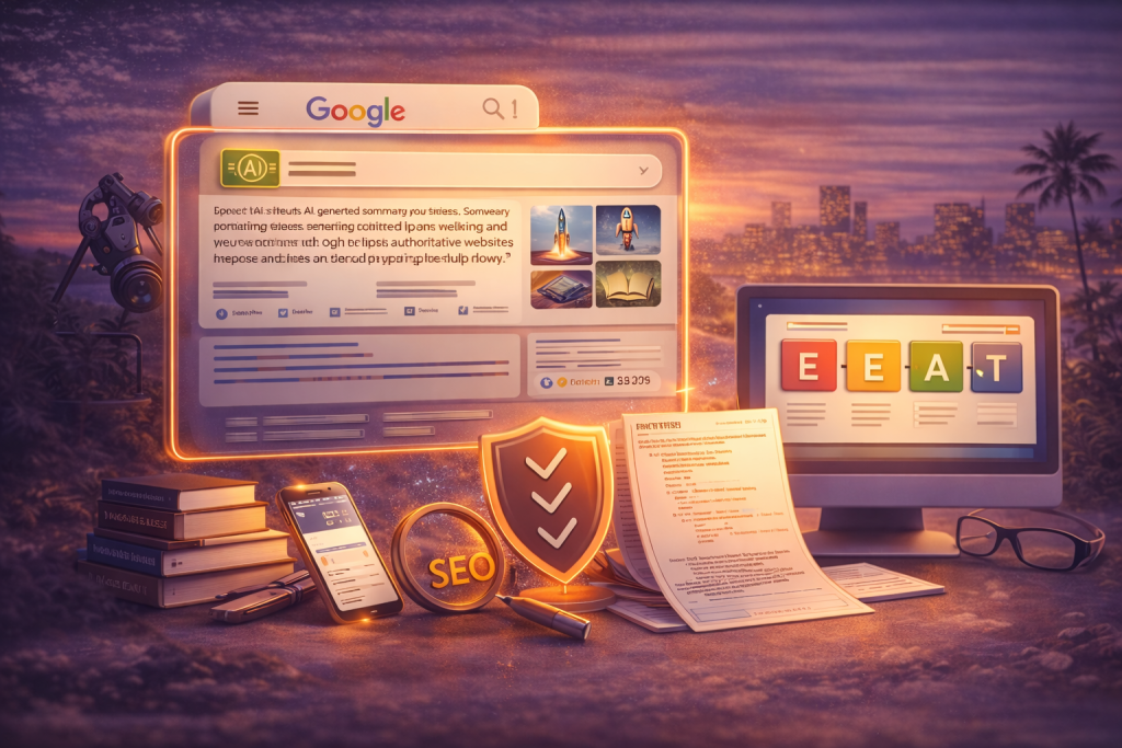 Illustration showing AI-driven Google search results with structured content, E-E-A-T signals, and modern SEO elements representing AI Overviews impact on SEO.