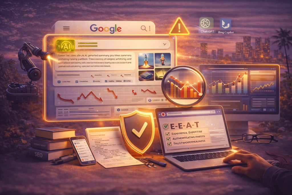Professional illustration representing Google’s June 2025 core algorithm update, showing AI-driven search evaluation, content quality signals, and modern SEO analysis.
