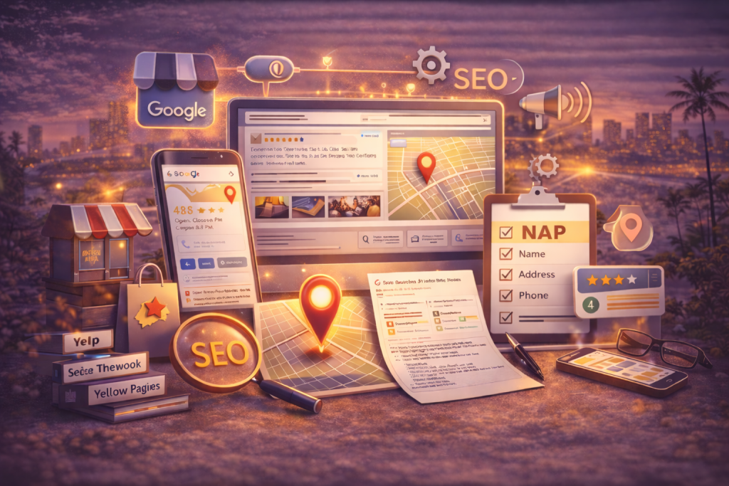 The image illustrates local SEO strategies for 2025, featuring a digital setup with SEO-related elements such as a smartphone showing a business listing, local map markers, and structured data. The composition includes icons representing SEO tools, NAP (Name, Address, Phone) consistency, Google Business Profile, social media, reviews, and citations like Yelp and YellowPages, emphasizing the optimization of online presence for local businesses in a cityscape backdrop.