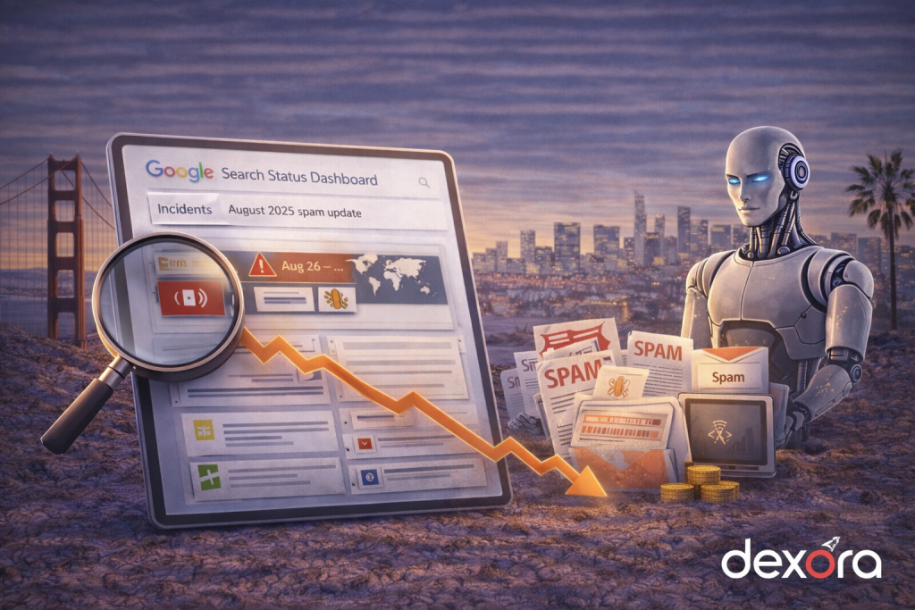 Illustration showing the impact of Google’s August 2025 spam update, with search analysis, spam detection signals, ranking changes, and the Dexora Digital logo