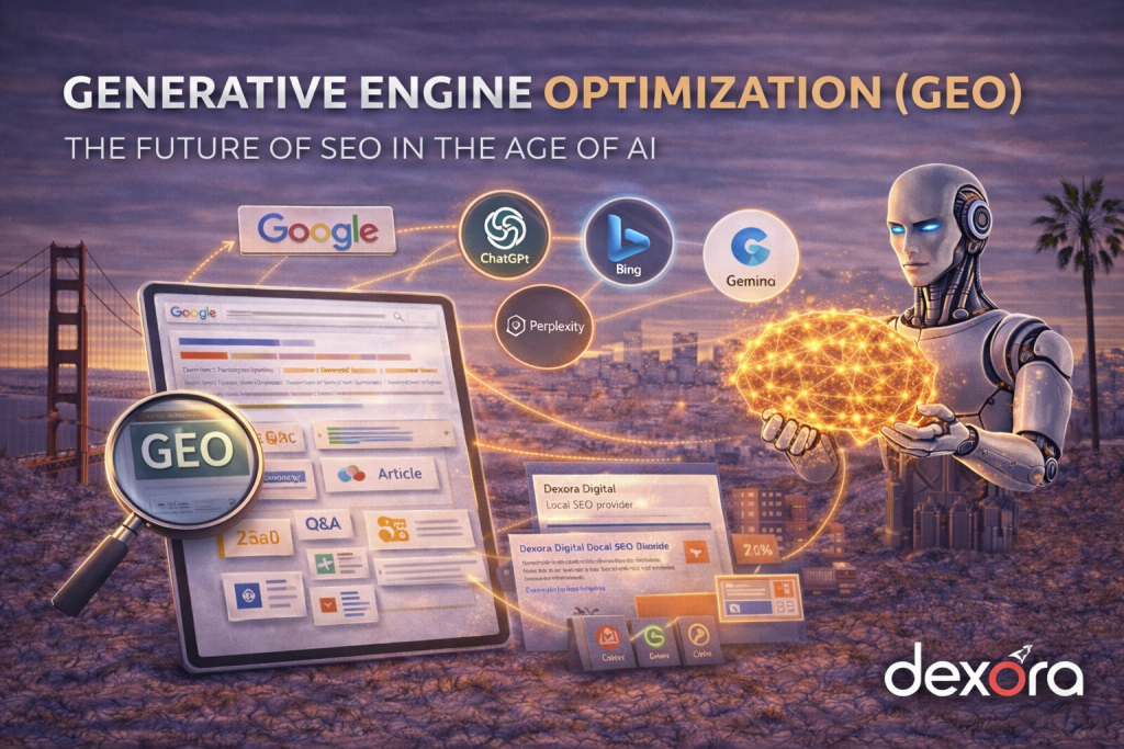 Illustration showing Generative Engine Optimization, where AI platforms like ChatGPT, Google SGE, Bing Copilot, and Gemini pull structured SEO content from trusted websites, with Dexora Digital branding