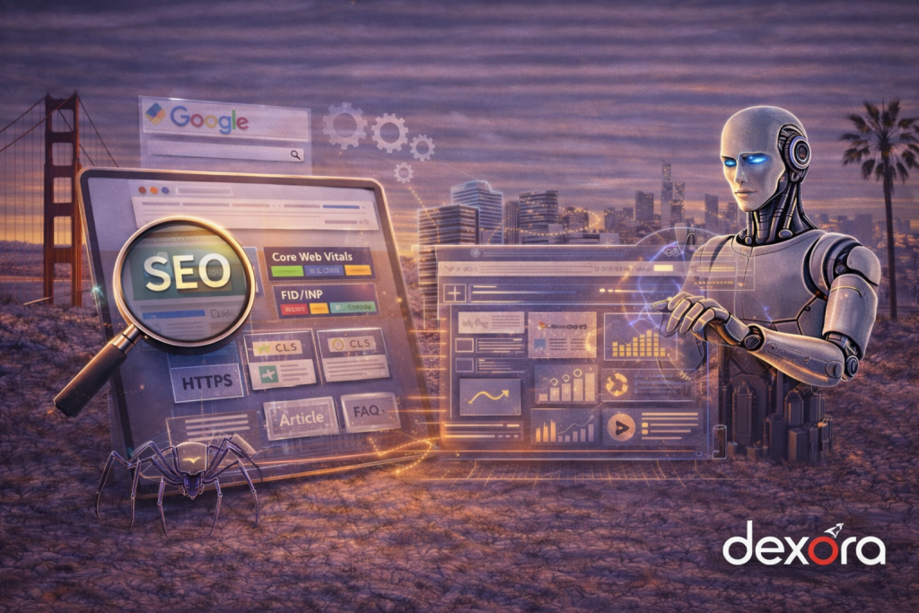 Futuristic illustration showing a technical SEO audit process, with AI-powered analysis of website structure, Core Web Vitals, schema markup, crawlability, and security, representing scalable organic growth and AI-ready SEO strategy.