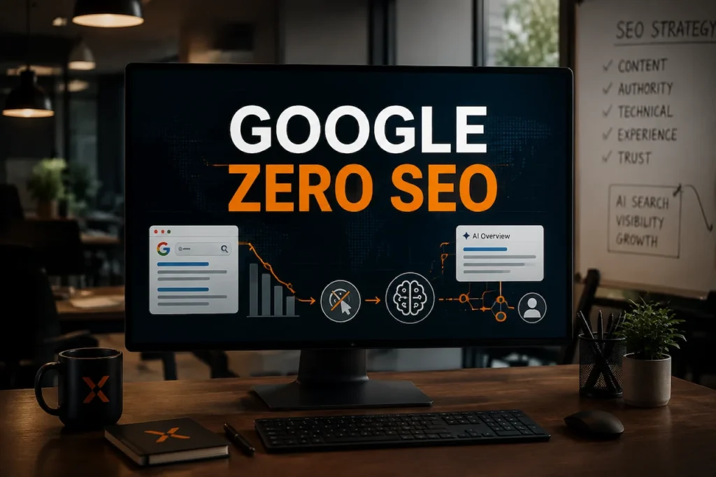 Google Zero SEO concept showing AI Overviews, search visibility changes, and AI-driven SEO strategy on a professional analytics dashboard