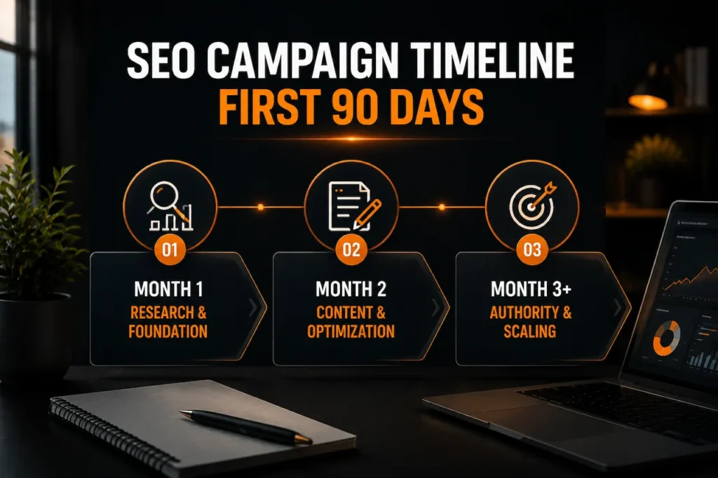 SEO campaign timeline showing the first 90 days of research, foundation, content optimization, authority building, and scaling strategy.