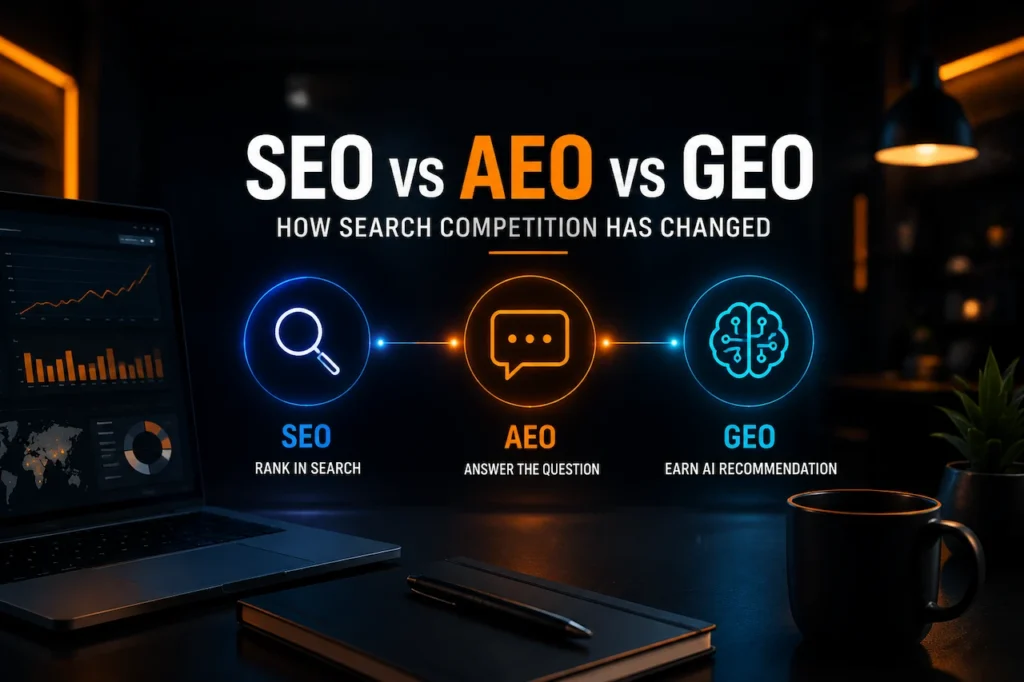 SEO vs AEO vs GEO comparison showing how search competition has changed from rankings to AI answers and recommendations.