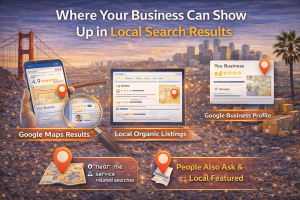 Local search results diagram showing Google Maps, local organic listings, and Google Business Profile placements