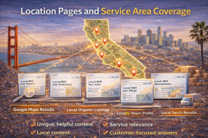 Local SEO visual showing service area coverage using city-based location pages across California