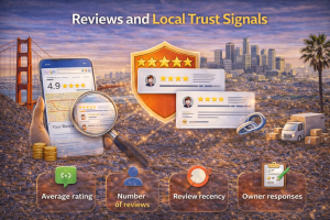 Google Business Profile reviews illustration emphasizing ratings, review recency, and owner responses