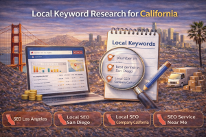 Local SEO keyword research visual highlighting California cities and location-based search terms