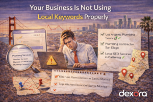 Illustration showing a business not using local keywords properly, with incorrect keyword targeting, missed city-based terms, and local SEO optimization issues