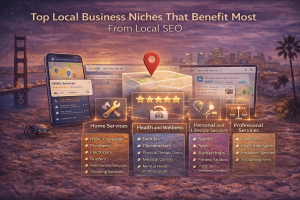 Illustration showing top local business niches that benefit from local SEO, including home services, healthcare, personal services, and professional services, with Google Maps results, location pins, and customer reviews.