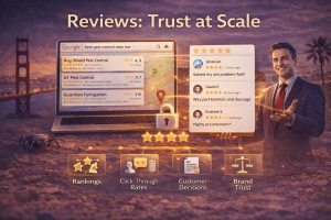 Illustration showing how online reviews build trust at scale for local businesses, featuring Google Maps listings, star ratings, customer feedback, and trust signals in a California city setting.