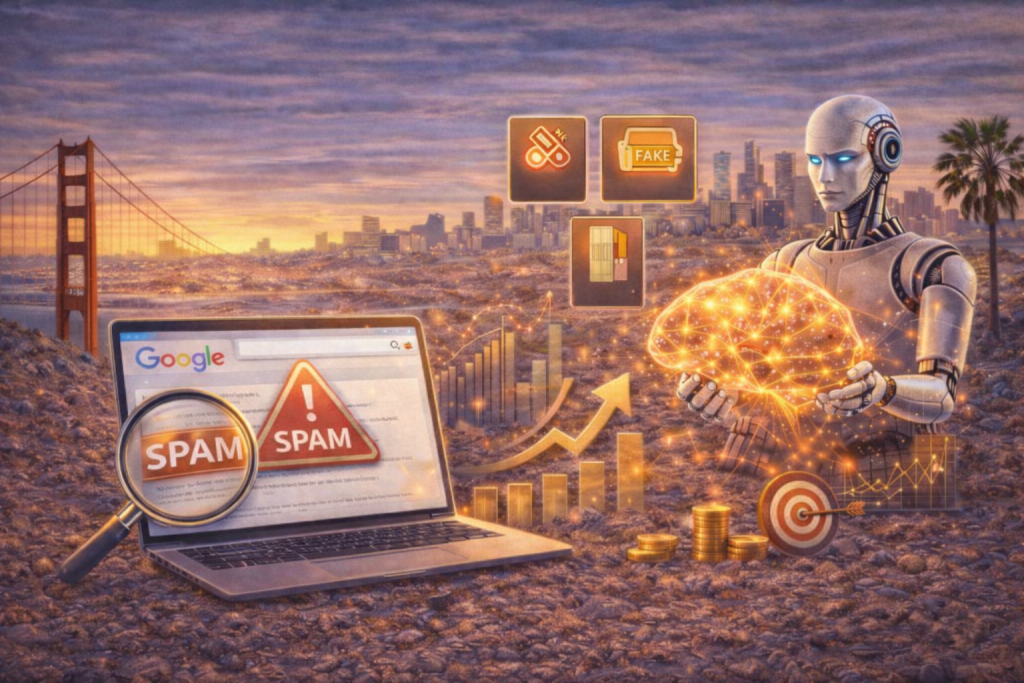 Sunset cityscape with the Golden Gate Bridge on the left, a laptop showing a ‘SPAM’ warning and magnifying glass in the foreground, rising bar chart and upward arrow with gold coins and a target icon, and a futuristic robot on the right holding a glowing network-like brain.”
