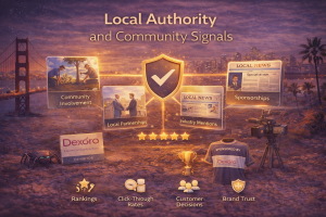 Illustration showing local authority and community signals for local SEO, including community involvement, local partnerships, industry mentions, sponsorships, and trust signals that improve Google Maps rankings.