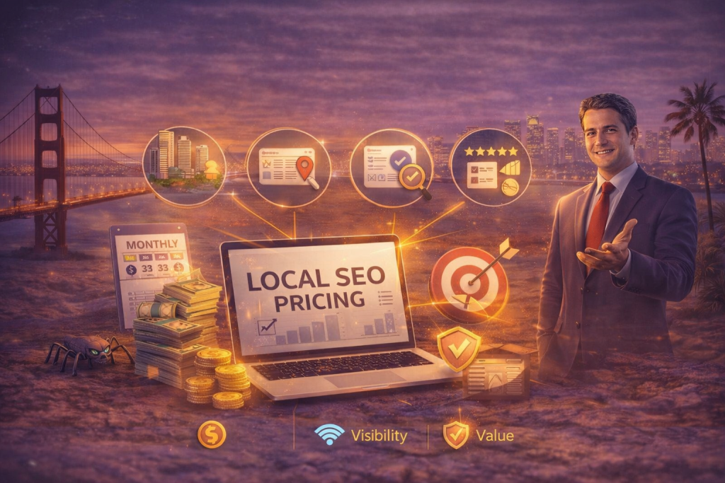 Professional illustration representing local SEO pricing in California, featuring a California city skyline and Golden Gate Bridge, a laptop showing local search analytics, Google Maps-style location pins, reviews, target and growth icons, and business visuals symbolizing cost, value, and competition in local SEO.