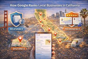 Visual explaining how Google ranks local businesses in California using relevance, distance, and prominence in Google Maps search results