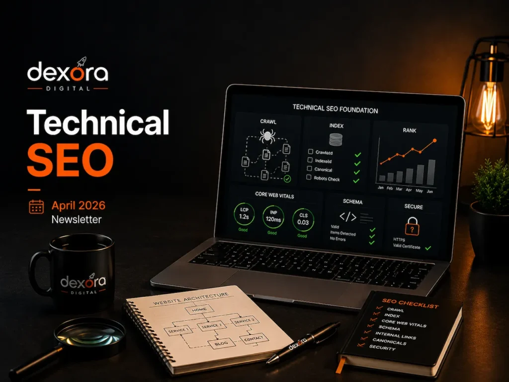 Technical SEO dashboard illustrating a future-proof SEO foundation for the April 2026 newsletter.