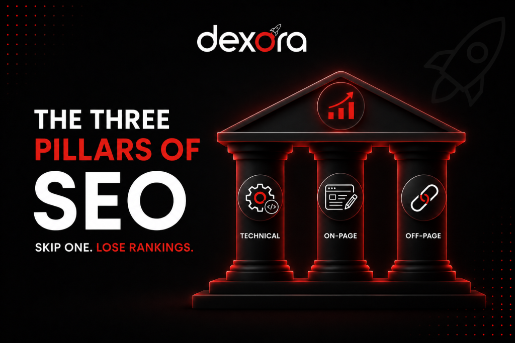 Three pillars of SEO infographic showing technical SEO, on-page SEO, and off-page SEO supporting search rankings with Dexora branding