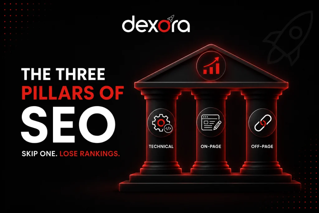 Three pillars of SEO infographic showing technical SEO, on-page SEO, and off-page SEO supporting search rankings with Dexora branding