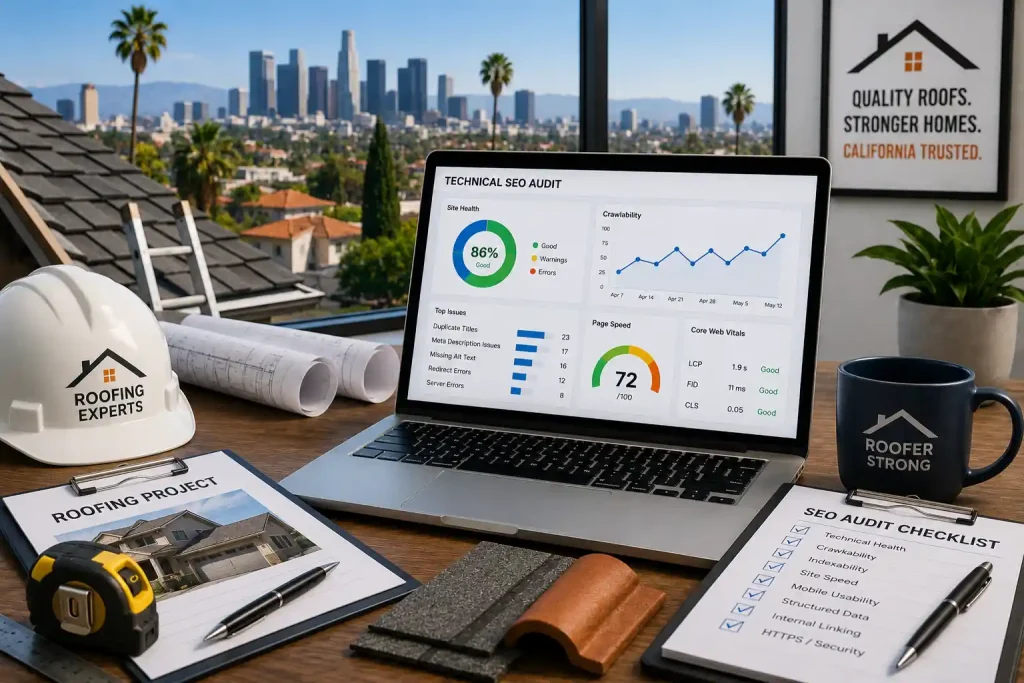 Technical SEO audit workspace for a California roofing company featuring roofing materials, construction plans, contractor tools, and a laptop displaying website performance analytics.