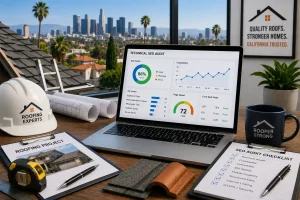 Technical SEO audit workspace for a California roofing company featuring roofing materials, construction plans, contractor tools, and a laptop displaying website performance analytics.