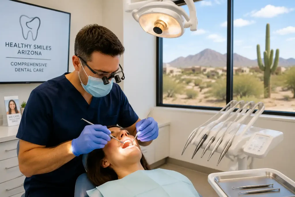 Dentist performing dental cleaning and examination on patient inside modern dental clinic