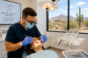 Dentist performing dental cleaning and examination on patient inside modern dental clinic