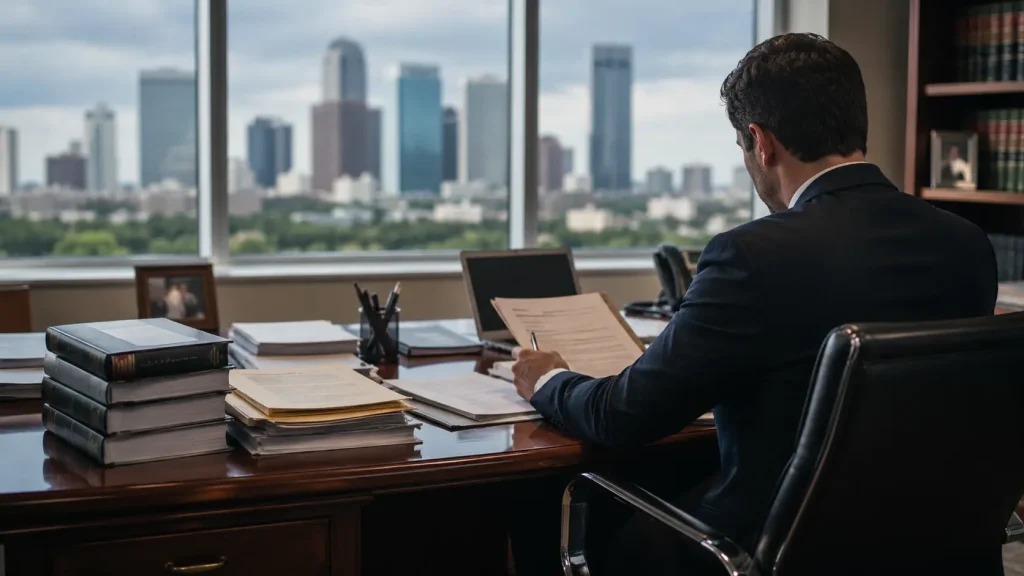 Personal injury lawyer reviewing legal documents in a Texas law office as part of an SEO campaign