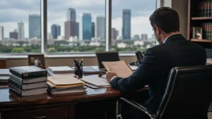Personal injury lawyer reviewing legal documents in a Texas law office as part of an SEO campaign