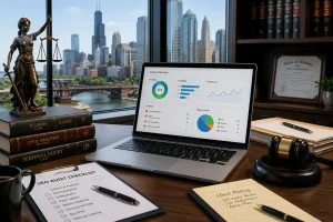 Technical SEO audit workspace for an Illinois law firm featuring legal reference books, a gavel, a laptop with website analytics, and a professional office overlooking a city skyline.