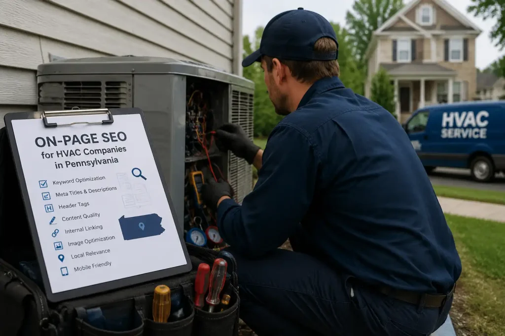 HVAC technician performing maintenance on outdoor air conditioning unit while referencing on-page SEO checklist for HVAC companies