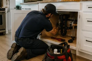 Plumber repairing kitchen sink plumbing under cabinet during a service call in a modern home