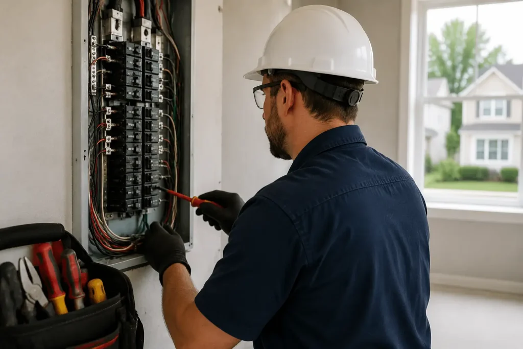 Electrician inspecting and repairing electrical panel wiring inside a residential home using a screwdriver and safety equipment