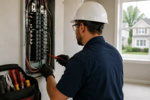 Electrician inspecting and repairing electrical panel wiring inside a residential home using a screwdriver and safety equipment